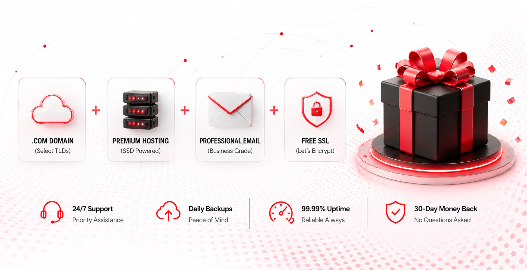 Combo Offer — Domain + Premium Hosting + Professional Email + Free SSL, plus 24/7 Support, Daily Backups, 99.99% Uptime, 30-Day Money Back